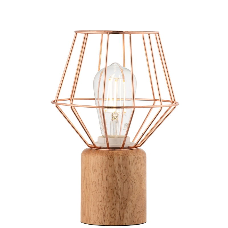 WOOD & COPPER TABLE LAMP & BULB