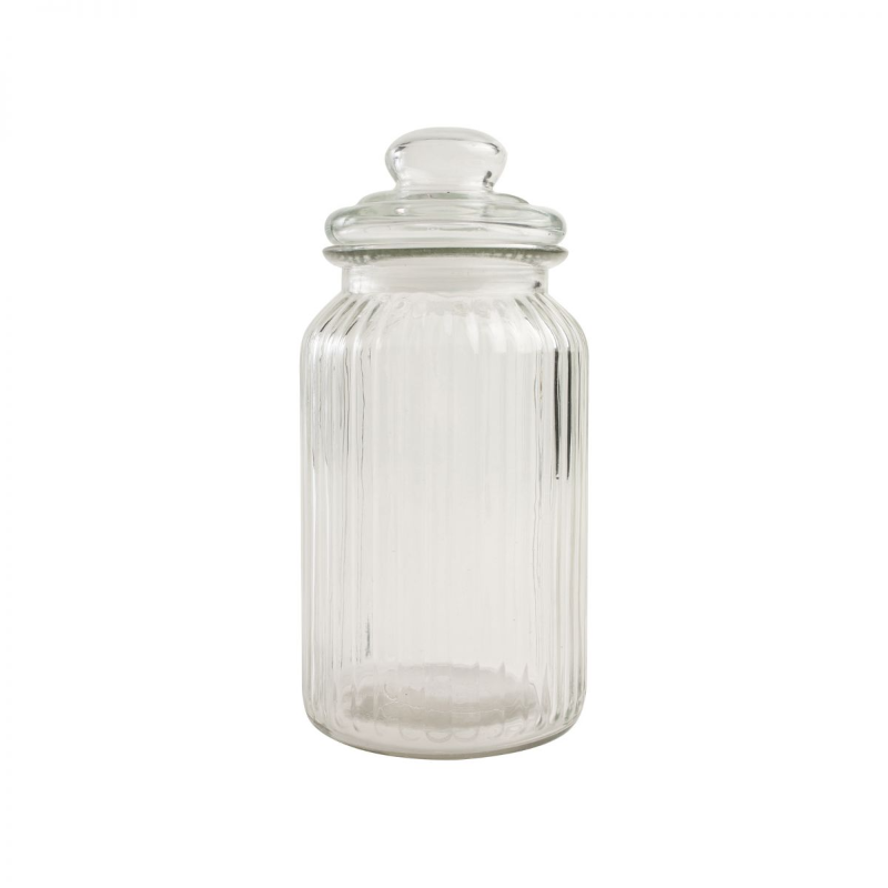 T & G WOODWARE LARGE GLASS JAR RIBBED H225MM