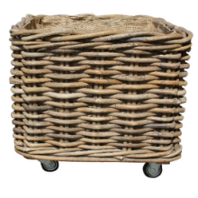 SQ LOG BASKET W/WHEELS W/JUTE GREY LARGE