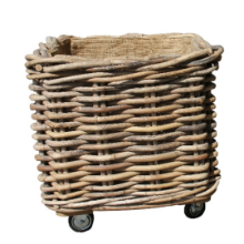 SQ LOG BASKET W/WHEELS W/JUTE GREY SMALL