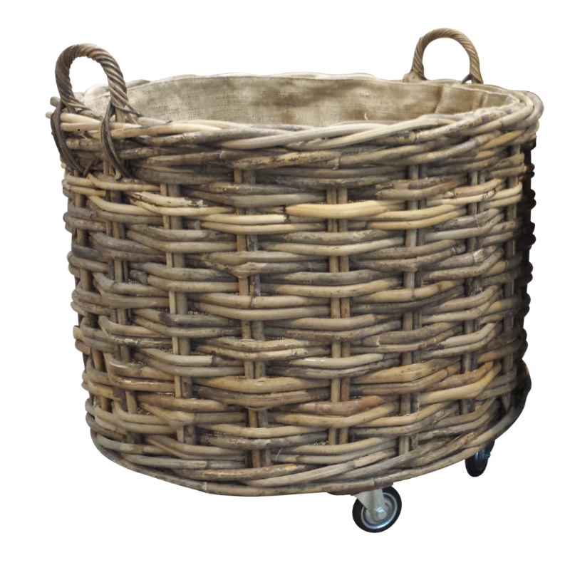 ROUND LOG BASKET WITH WHEELS & JUTE LINER LARGE